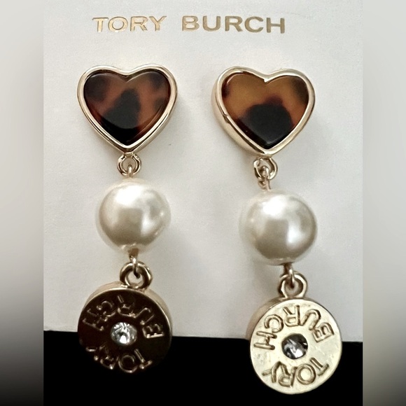 🆕Tory Burch Logo Semi Precious Tortoise Heart,Pearl Stone and Tory Logo Earrings - Picture 3 of 8